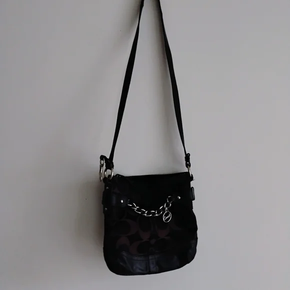 Coach Black Leather Dark Brown Canvas Signature Crossbody Bag Purse - Picture 13 of 15